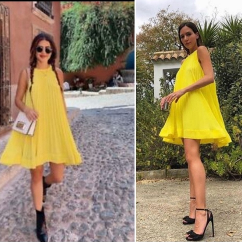Zara Sleeveless High Neck Pleated Tent Dress Bright Yellow Size Small NEW NWT - Picture 3 of 8
